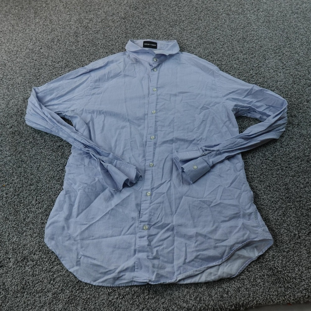 Emporio Armani Shirt Mens 18 45‎ Blue Pinstripe Long Sleeve Button Up Linen Top